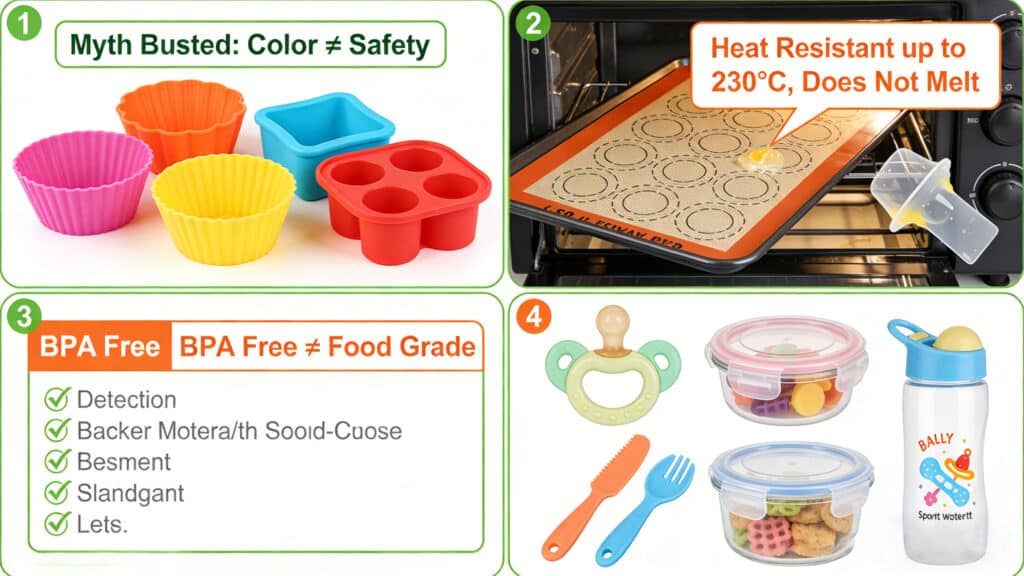 Infographic busting four common myths about food-grade silicone: showing that bright colors do not indicate safety issues, silicone is heat resistant up to 230°C without melting, BPA-free status does not automatically mean food-grade compliance, and listing typical applications like baby pacifiers and kitchenware.