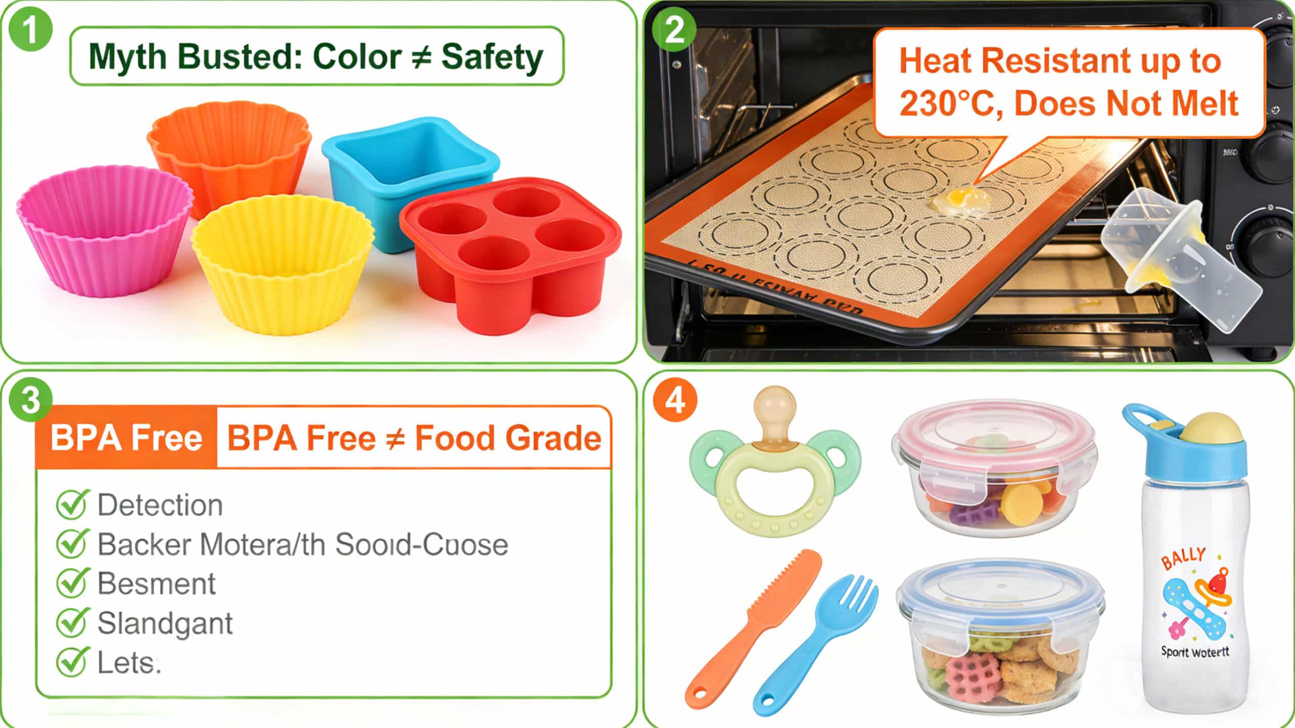Infographic busting four common myths about food-grade silicone: showing that bright colors do not indicate safety issues, silicone is heat resistant up to 230°C without melting, BPA-free status does not automatically mean food-grade compliance, and listing typical applications like baby pacifiers and kitchenware.