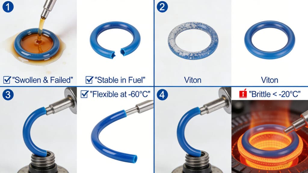 Comparative performance tests showing Viton O-rings remaining stable in fuel and salt spray environments, while demonstrating silicone's superior flexibility at -60°C compared to Viton's brittleness below -20°C, and both materials resisting high temperatures up to 230°C+.