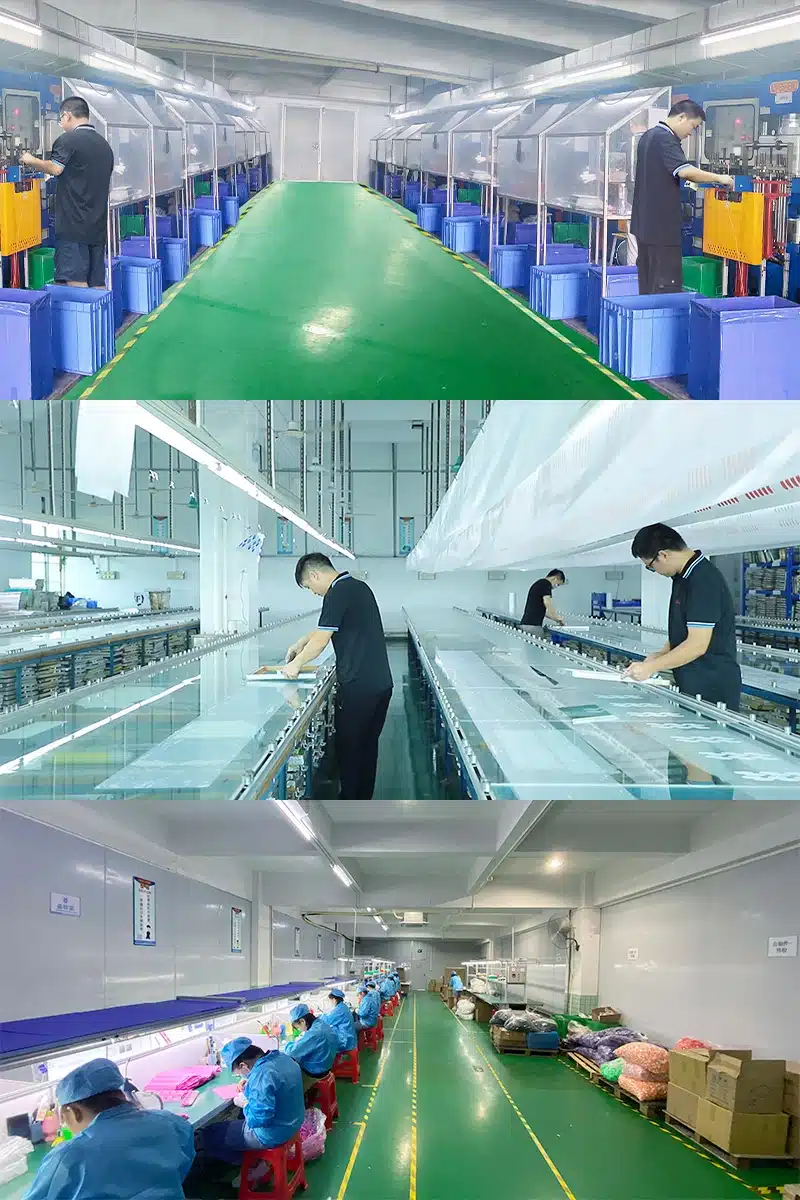 HT Silicone factory production line showing workers assembling custom silicone products in a clean and organized manufacturing environment