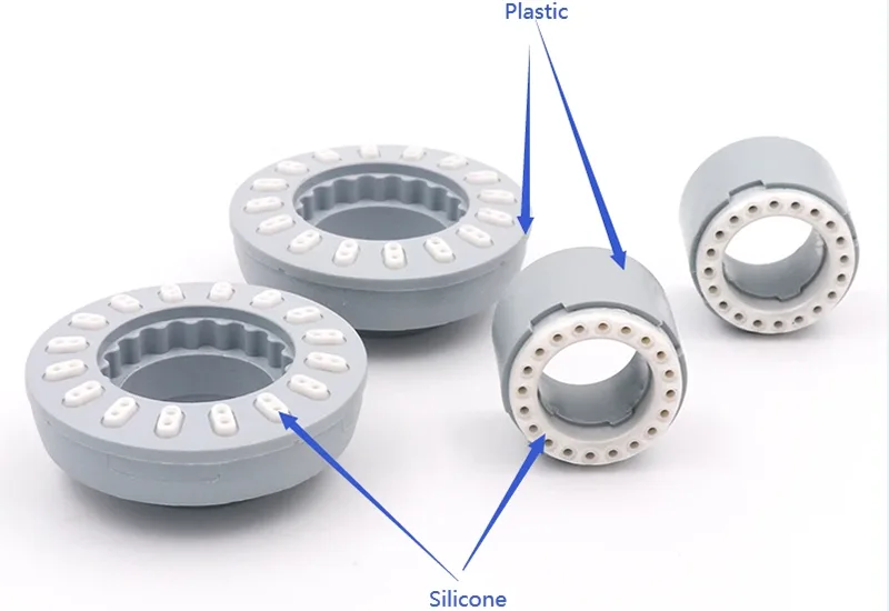 Silicone overmolded parts combining silicone and plastic materials, manufactured by HT Silicone