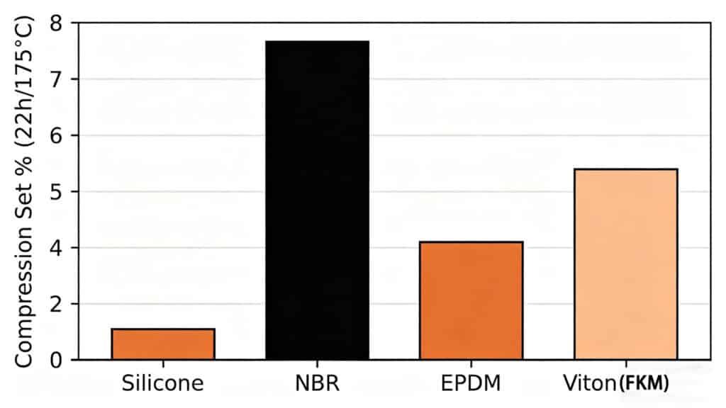 Bar chart comparing compression set percentages of Silicone, NBR, EPDM, and Viton (FKM) after 22 hours at 175°C, highlighting silicone's superior recovery.