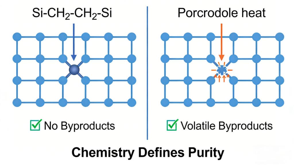Molecular diagram comparing the crosslinking chemistry of platinum-cured silicone (addition cure with no byproducts) versus peroxide-cured silicone (free-radical cure generating volatile byproducts under heat), illustrating why platinum curing results in higher purity and neutral odor for food-grade applications.