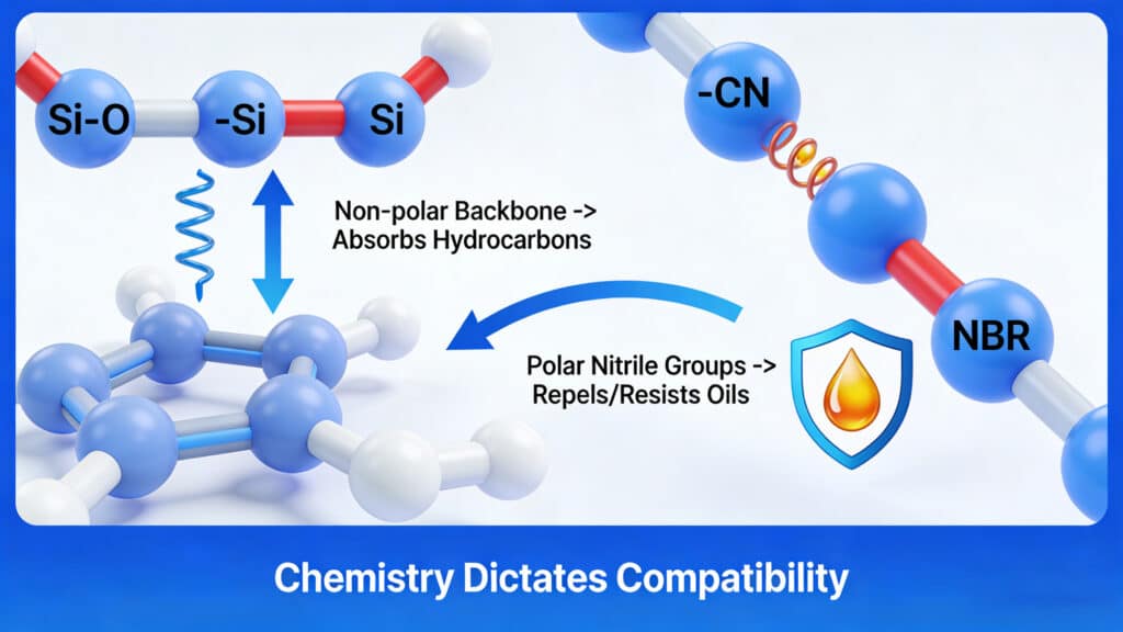 Molecular structure diagram explaining why NBR resists oil while silicone swells: showing silicone's non-polar silicon-oxygen backbone absorbing hydrocarbons versus NBR's polar nitrile groups (-CN) repelling petroleum molecules.