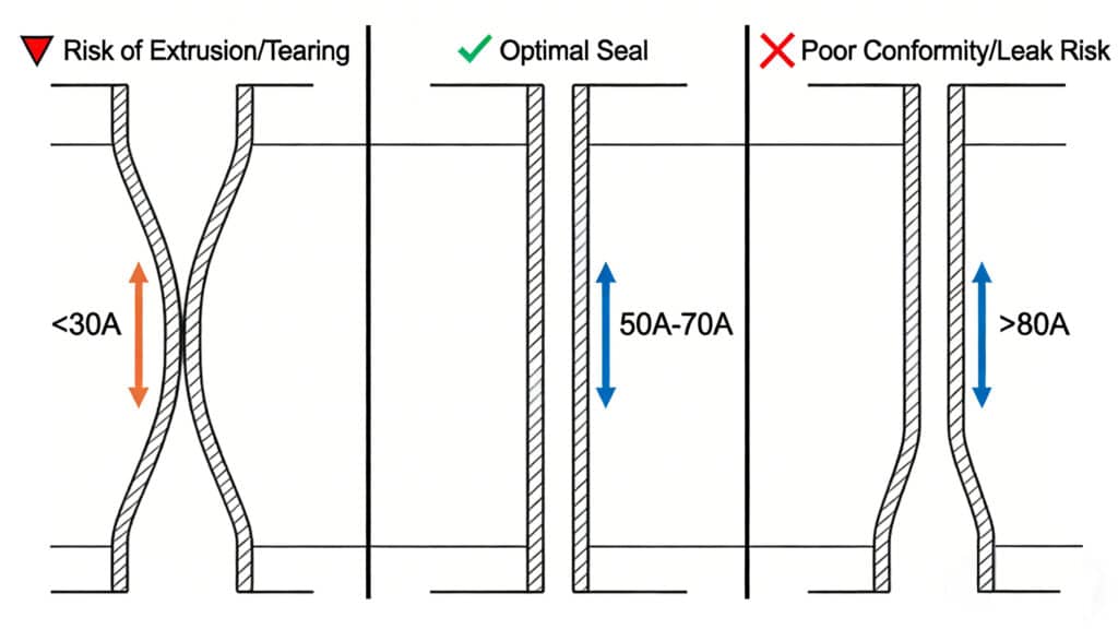 Technical diagram illustrating the impact of Shore A hardness on sealing performance: showing extrusion risk for too-soft silicone (80A) in static gasket applications.