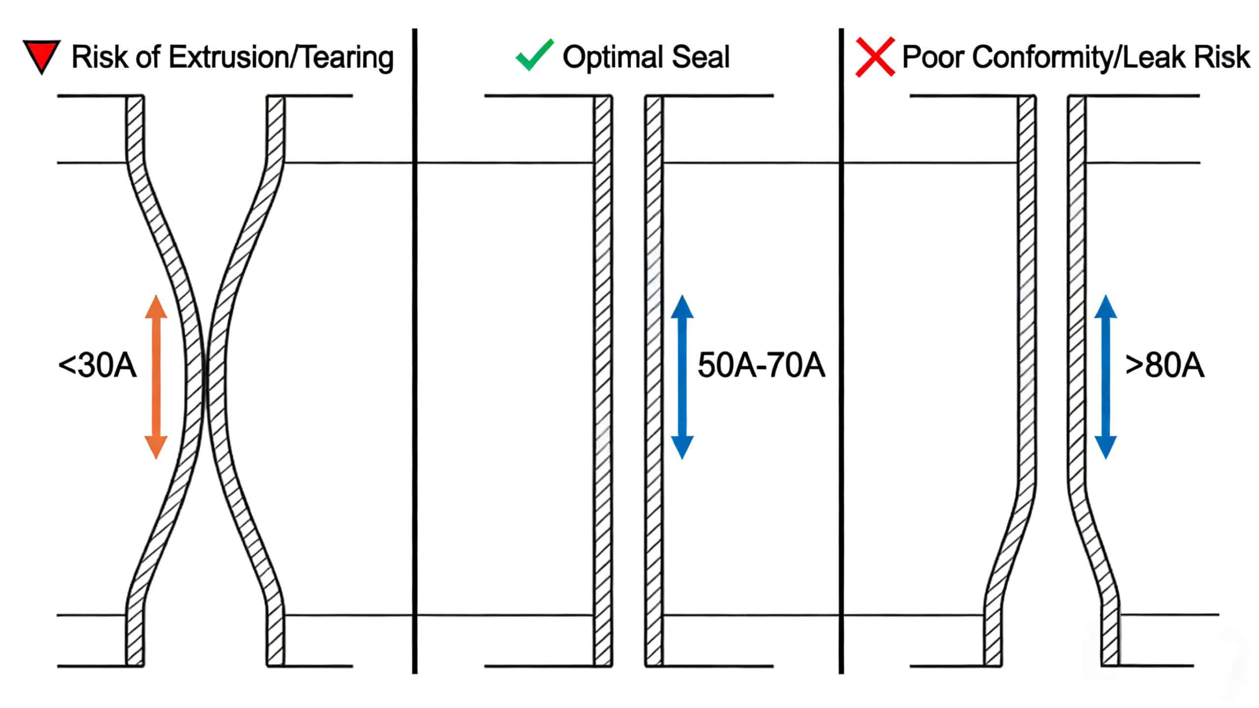 Technical diagram illustrating the impact of Shore A hardness on sealing performance: showing extrusion risk for too-soft silicone (80A) in static gasket applications.