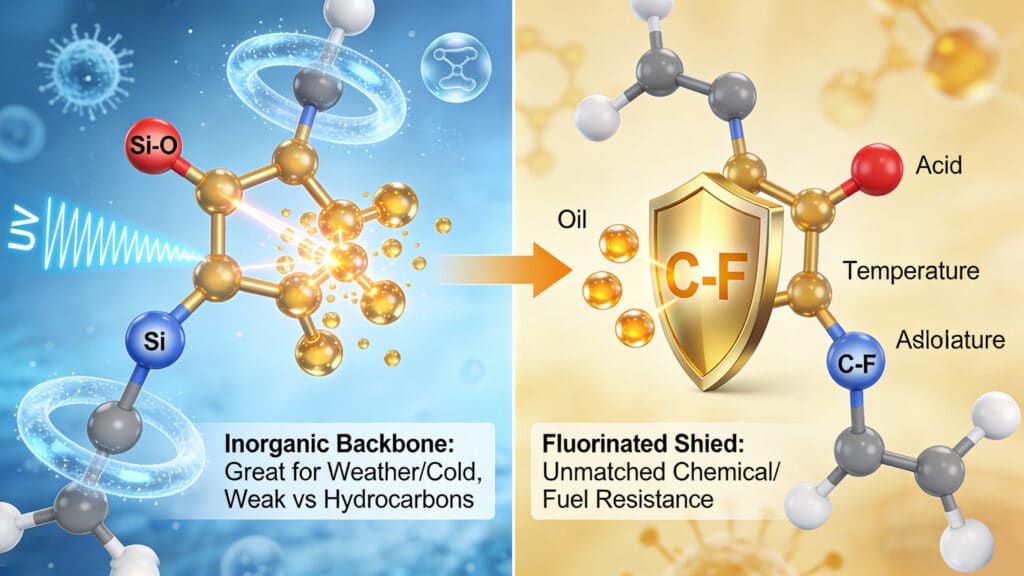 Molecular structure comparison between silicone's inorganic siloxane (Si-O) backbone, which provides excellent weather and cold resistance but weak hydrocarbon defense, and Viton's fluorinated carbon (C-F) shield that offers unmatched chemical and fuel resistance against oils, acids, and solvents.