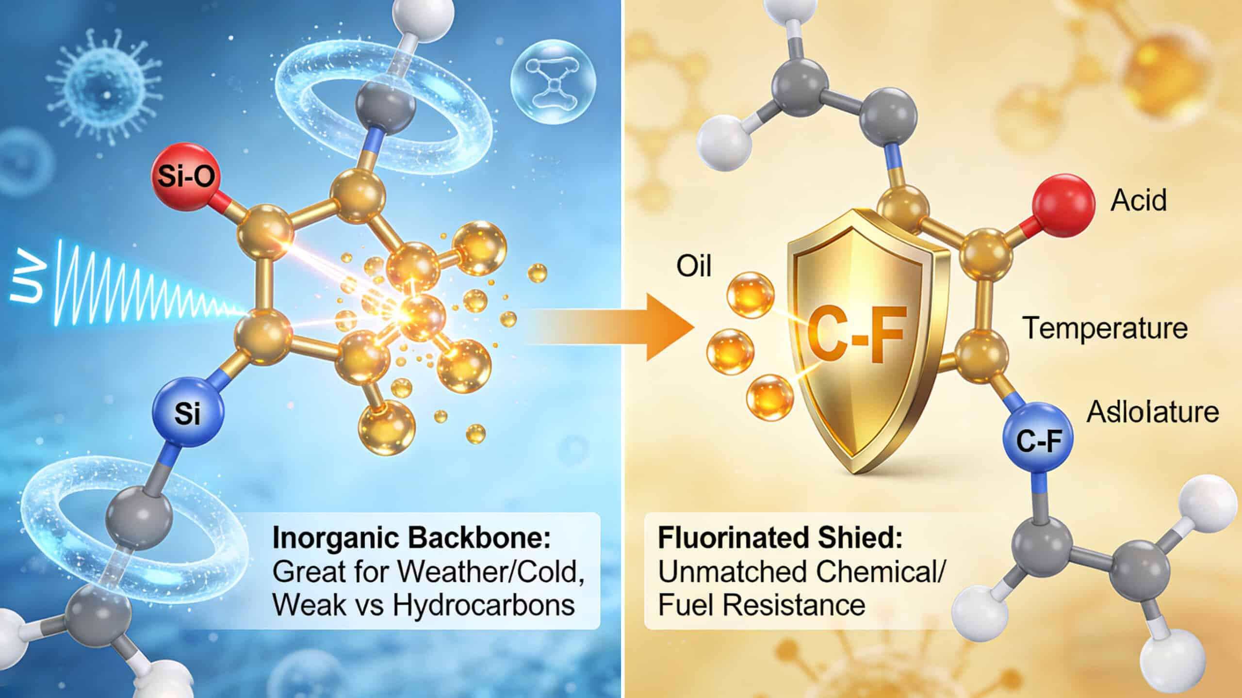 Molecular structure comparison between silicone's inorganic siloxane (Si-O) backbone, which provides excellent weather and cold resistance but weak hydrocarbon defense, and Viton's fluorinated carbon (C-F) shield that offers unmatched chemical and fuel resistance against oils, acids, and solvents.
