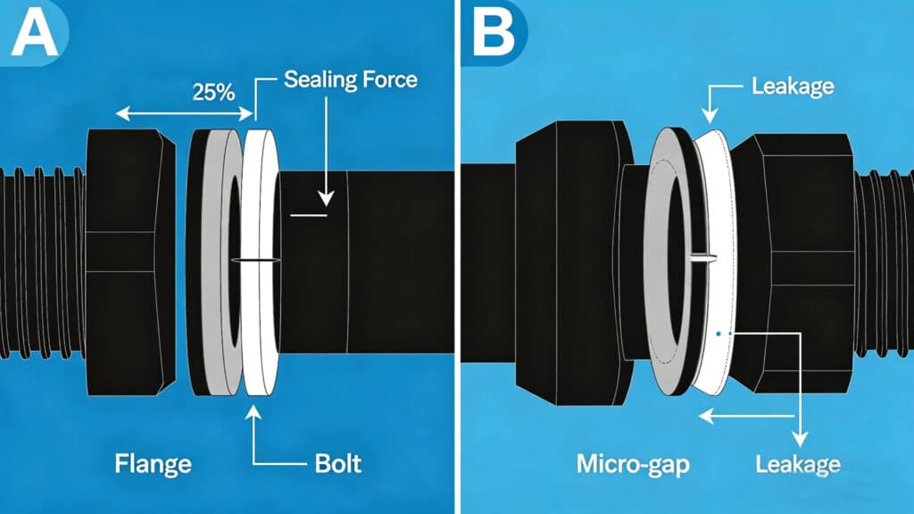 Diagram showing the difference between effective sealing force in a compressed gasket (A) versus leakage caused by compression set and micro-gaps (B) in flange connections.