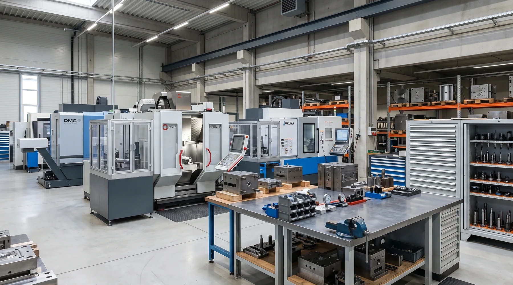 Wide view of an in house mold manufacturing workshop showing CNC machines, tooling benches, and organized storage racks for steel molds and tooling