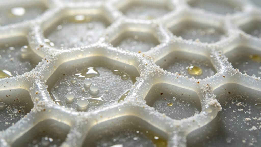 Macro photography of oil droplets and food particles adhering to the textured surface of silicone material.