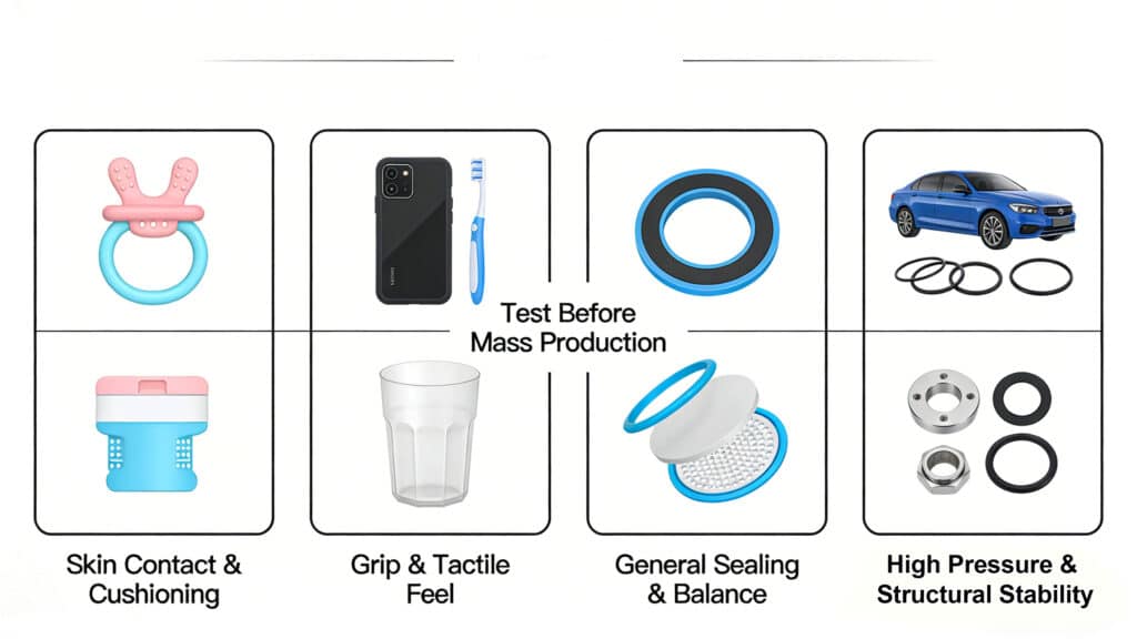 Application selection matrix categorizing silicone products by function: Skin Contact & Cushioning (baby teethers, beauty devices), Grip & Tactile Feel (phone cases, toothbrushes), General Sealing & Balance (O-rings, filters), and High Pressure & Structural Stability (automotive seals, flange gaskets).