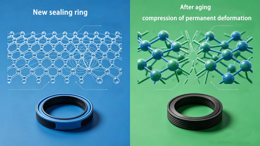 Comparison between a new sealing ring with intact molecular structure and an aged ring showing permanent deformation and broken polymer chains.