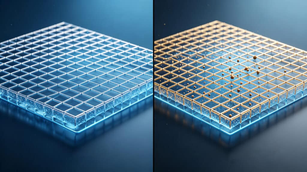 Schematic diagram comparing clean silicone molecular structure vs. surface adsorption of odor particles on a silicone grid.