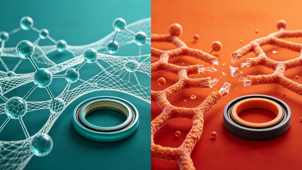 Comparison of molecular structures between stable silicone (Si-O bonds) and degrading rubber (C-C bonds), illustrating why silicone offers better resistance to harsh environments.
