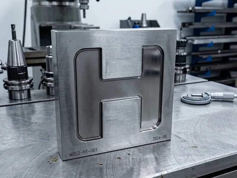 Multi cavity steel mold plate with rows of engraved round cavities for custom silicone parts