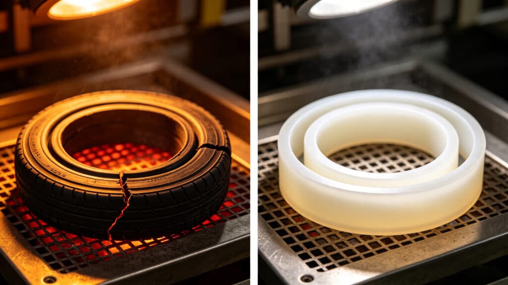 Swollen silicone hose and intact NBR rubber hose immersed in oil, demonstrating chemical compatibility differences.