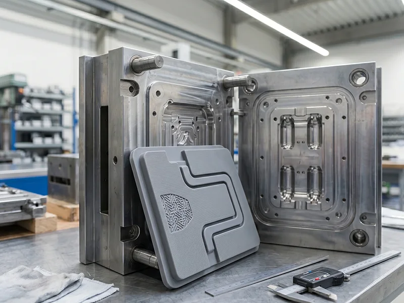 Open steel mold on a workbench with a textured silicone part placed in front, clearly showing the parting line and surface texture quality