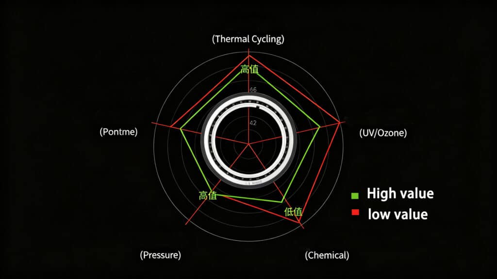Performance radar chart comparing seal material capabilities in thermal cycling, UV/Ozone resistance, pressure, and chemical exposure, highlighting high value in environmental stability.