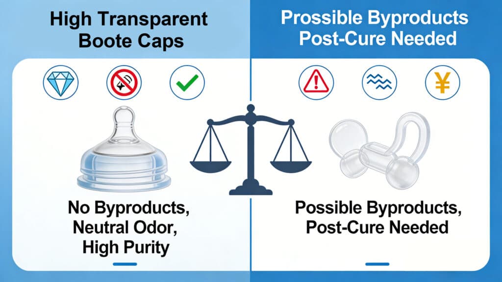 Comparison diagram weighing the benefits of platinum-cured silicone (high transparency, no byproducts, neutral odor, high purity) against peroxide-cured silicone (possible byproducts, post-cure needed), highlighting why platinum curing is preferred for high-purity food-grade and baby products.