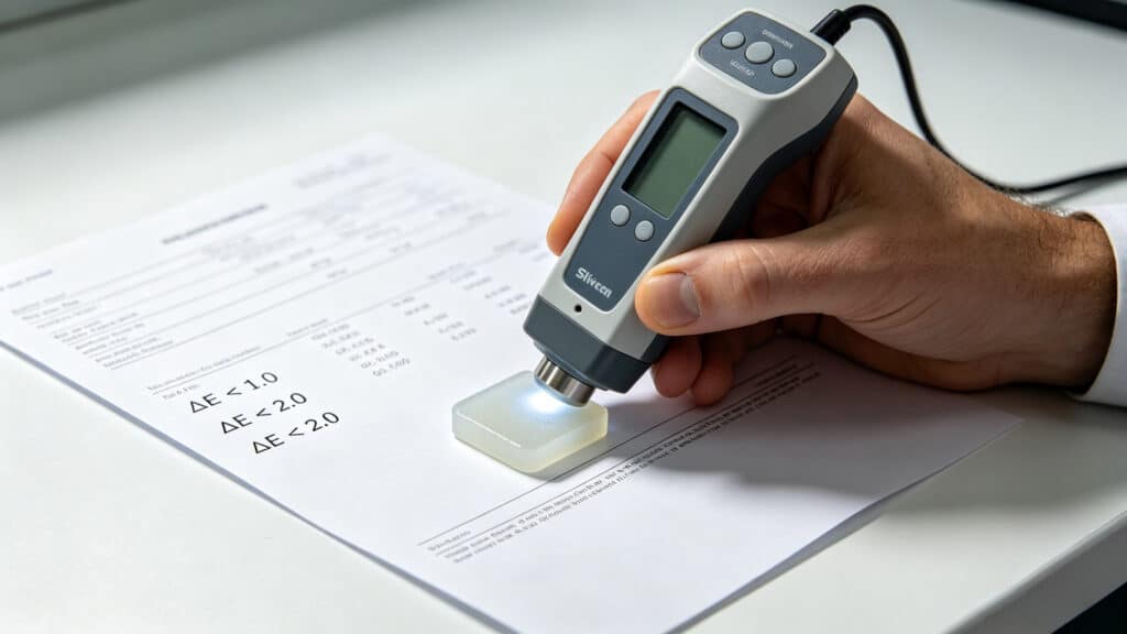 Quality control engineer using a spectrophotometer to measure color difference (Delta E) on a translucent silicone sample.