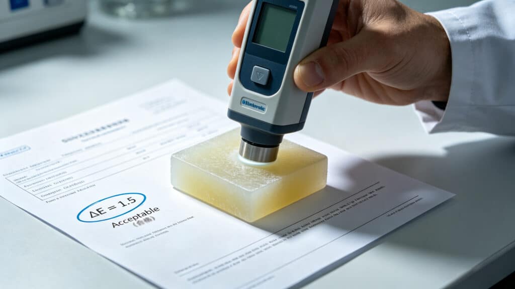 Technician using a digital colorimeter to measure color difference (Delta E) on a silicone sample.
