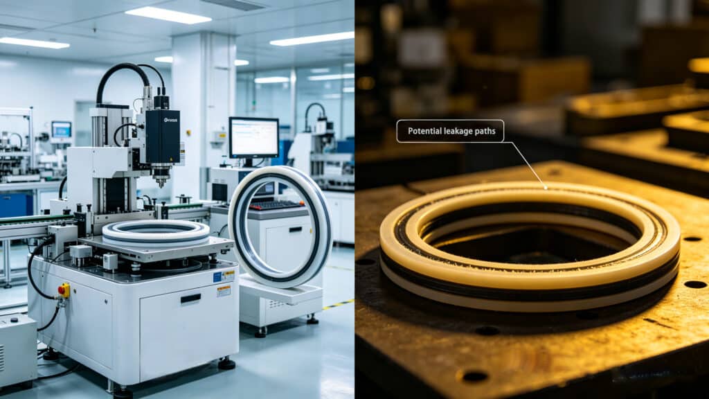 Automated precision molding machine ensuring high-quality seal production, contrasted with a macro shot of a seal showing potential leakage paths due to surface imperfections.