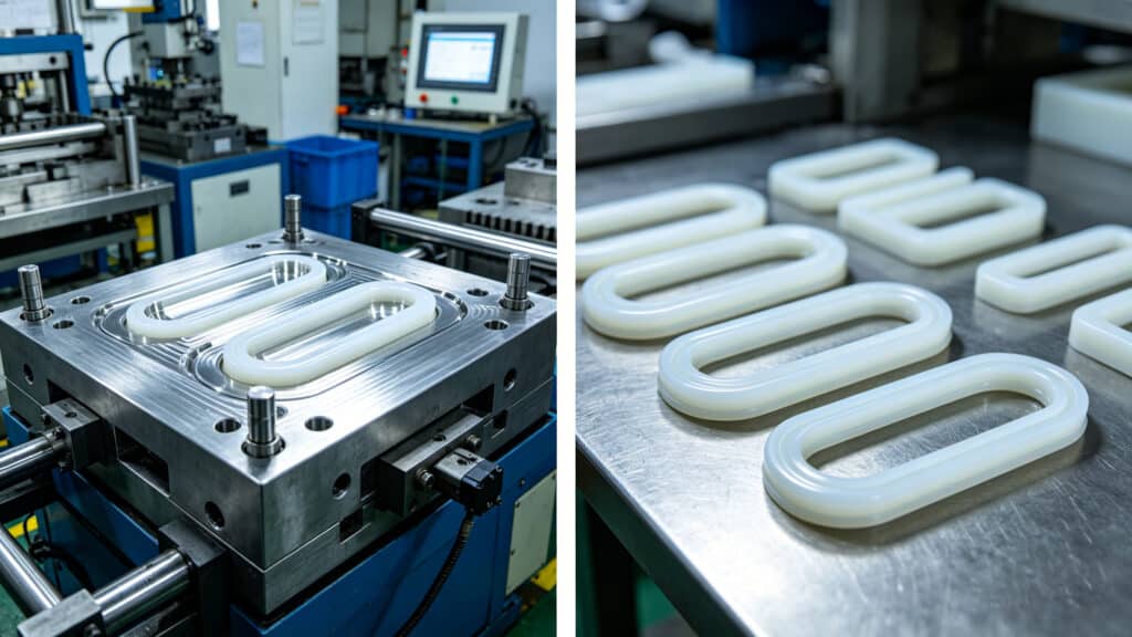 Precision metal mold for silicone extrusion and finished custom silicone seals on a production line.