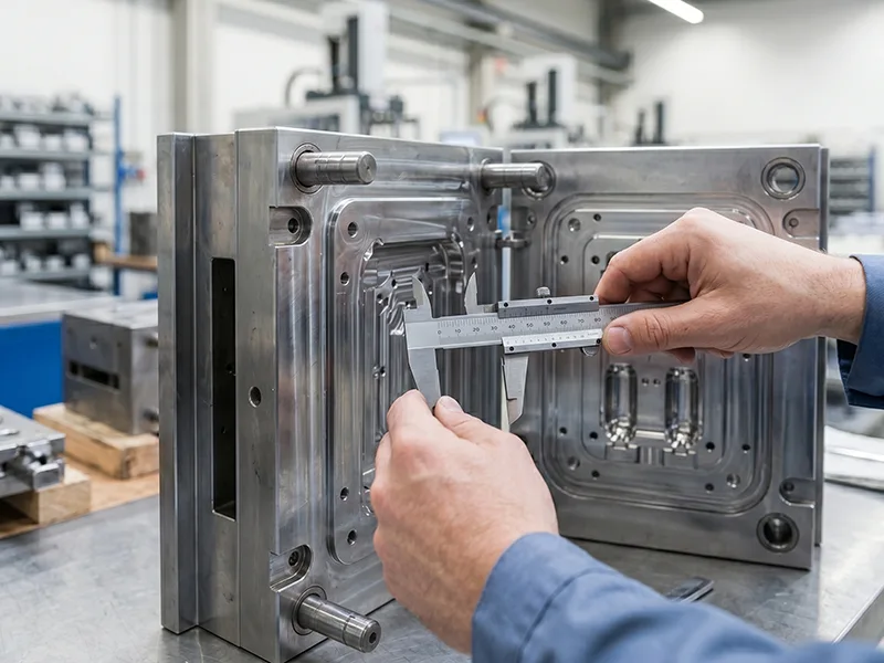 Engineer measuring a steel mold cavity with a vernier caliper to check precision dimensions in the tooling workshop