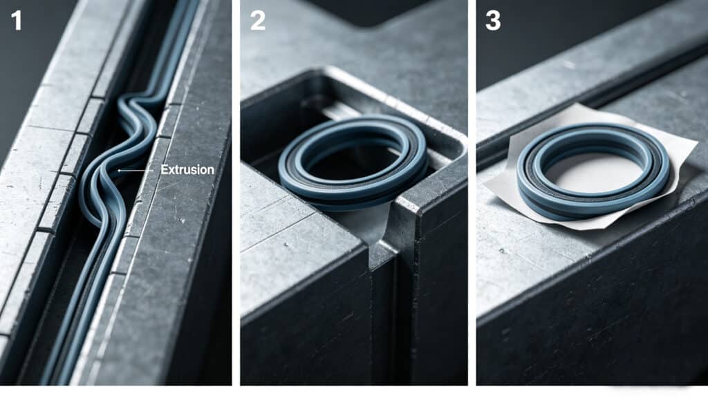 Three-stage comparison showing seal failure due to extrusion (1), proper installation in a groove (2), and a seal ready for assembly (3).