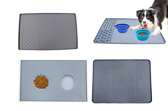 Waterproof and non-slip silicone feeding mats for dogs and cats with built-in bowl areas