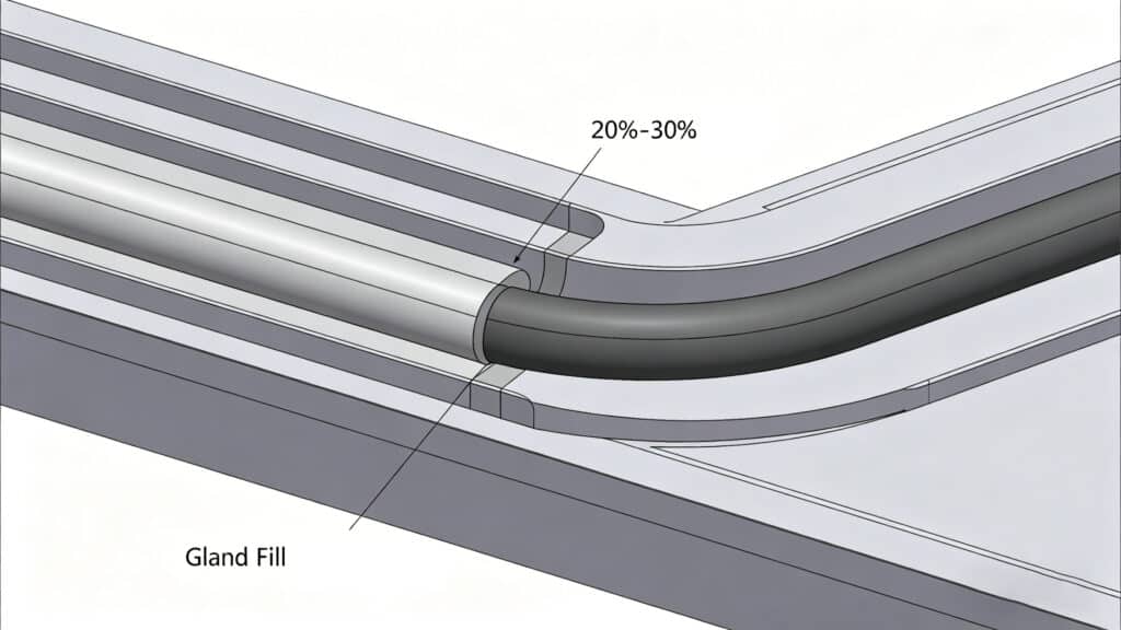 Technical diagram illustrating silicone seal compression rate (20-30%) and gland fill percentage within a sealing groove.