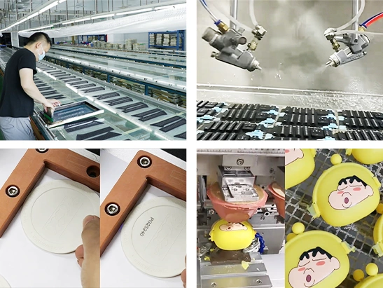 Silicone product surface treatment including printing, spraying, embossing, and logo finishing