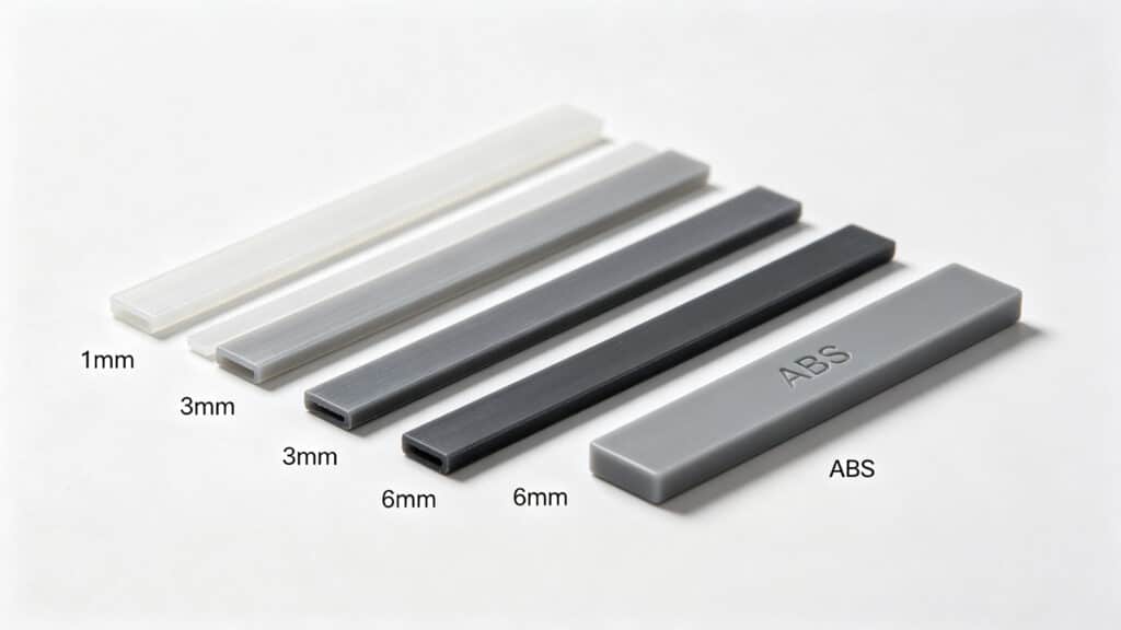 Comparison of silicone extrusion profiles with different wall thicknesses (1mm, 3mm, 6mm) and an ABS plastic sample for material reference.
