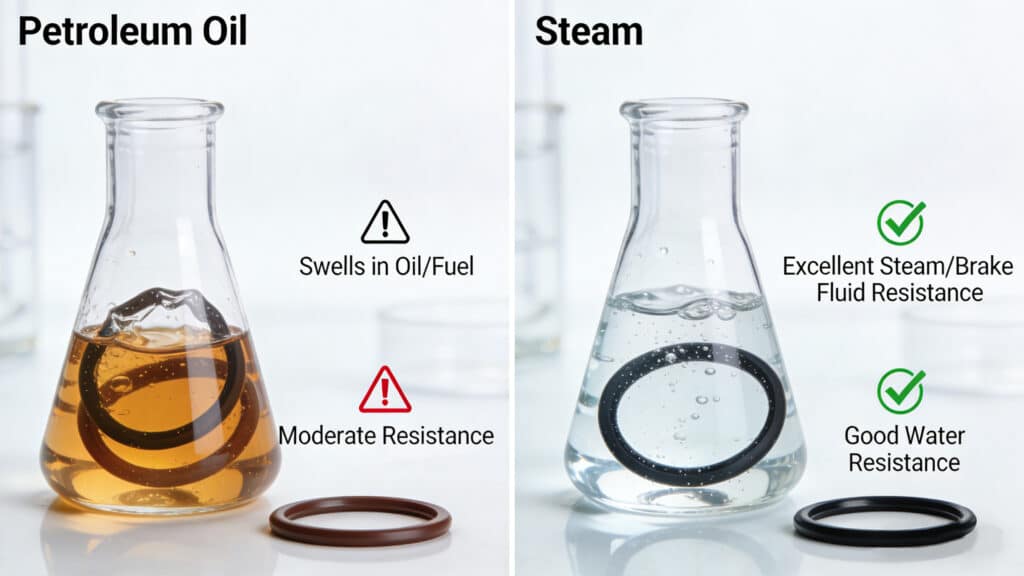 Chemical compatibility test showing silicone and EPDM O-rings submerged in petroleum oil versus steam/water, highlighting that while both resist water and steam well, they have moderate to poor resistance against petroleum-based oils and fuels, leading to potential swelling.