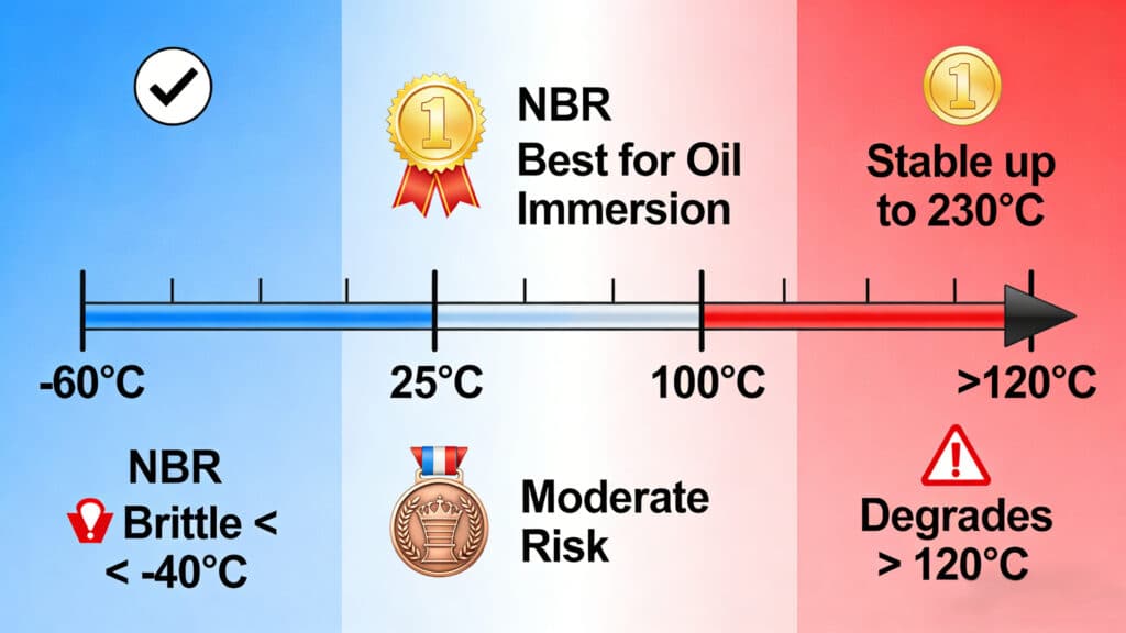 Temperature range comparison chart showing silicone's operational flexibility from -60°C to 230°C versus NBR's limitations, where it becomes brittle below -40°C and degrades rapidly above 120°C, illustrating silicone's advantage in extreme thermal cycling.