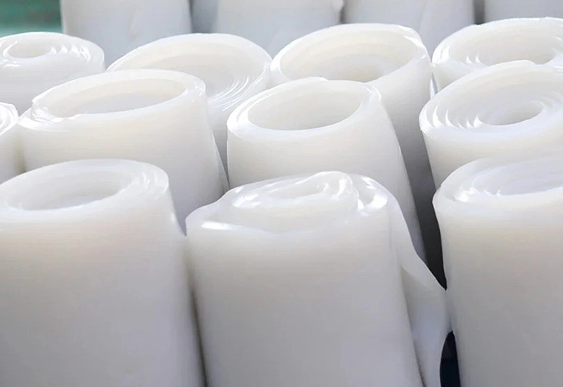 Close-up of solid silicone rubber sheets or rolls ready for manufacturing