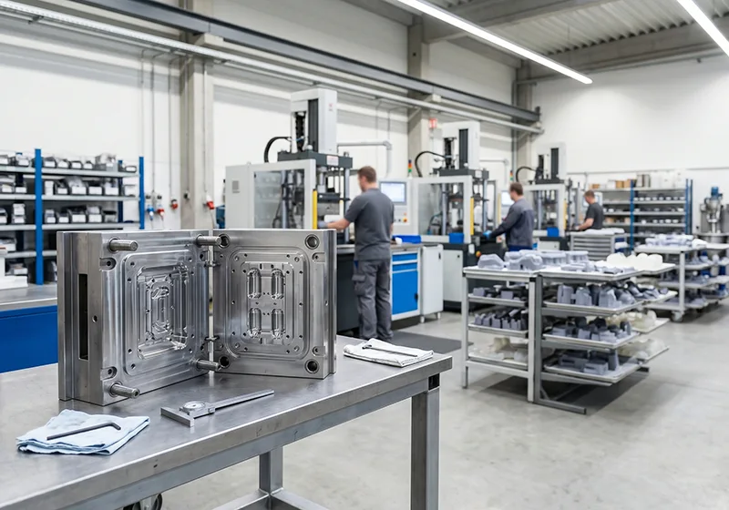 Steel mold on a workbench in the foreground with operators and silicone molding machines running in the background, showing the link between tooling and production