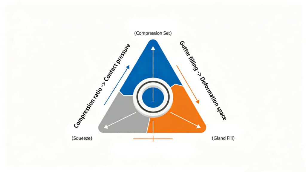 Triangle diagram illustrating the three core principles of seal design: Compression Set, Squeeze (Contact Pressure), and Gland Fill (Deformation Space).