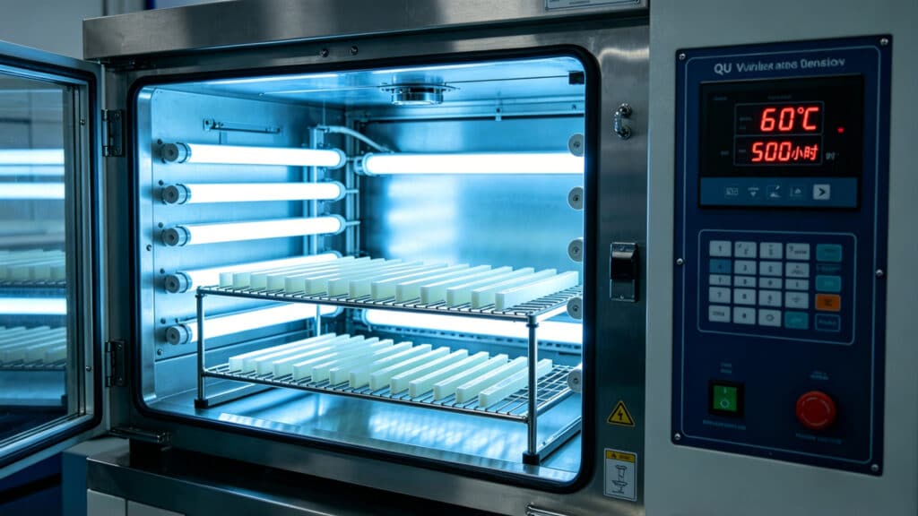 UV aging test chamber simulating long-term environmental exposure for silicone materials at 60°C.
