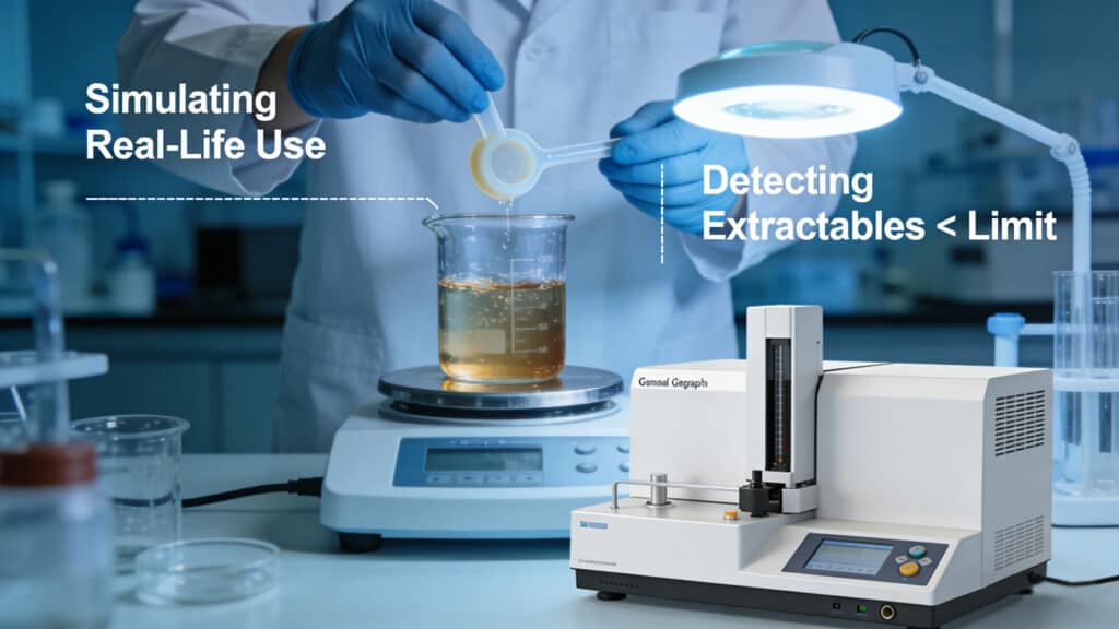 Laboratory scene showing a technician conducting migration testing on silicone samples by simulating real-life use conditions, using analytical equipment to detect extractables and ensure they remain below regulatory limits for FDA and LFGB compliance.