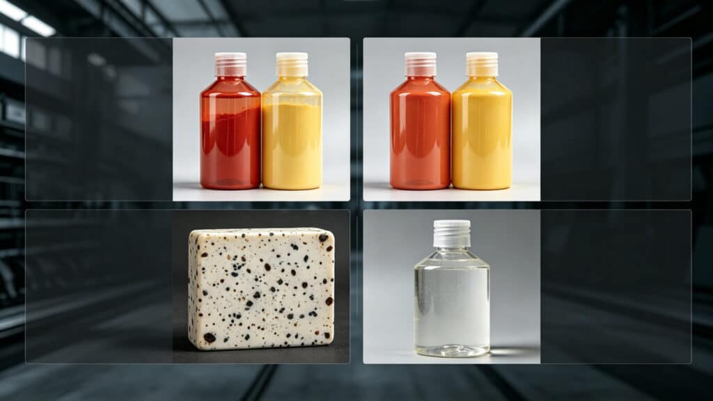 Infographic showing four common silicone molding defects: Yellowing, Shade Mismatch, Streaks/Spots, and Haze.