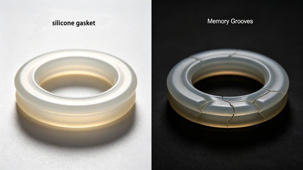 Comparison of a new silicone gasket versus an aged one showing memory grooves and cracks due to permanent compression set deformation.