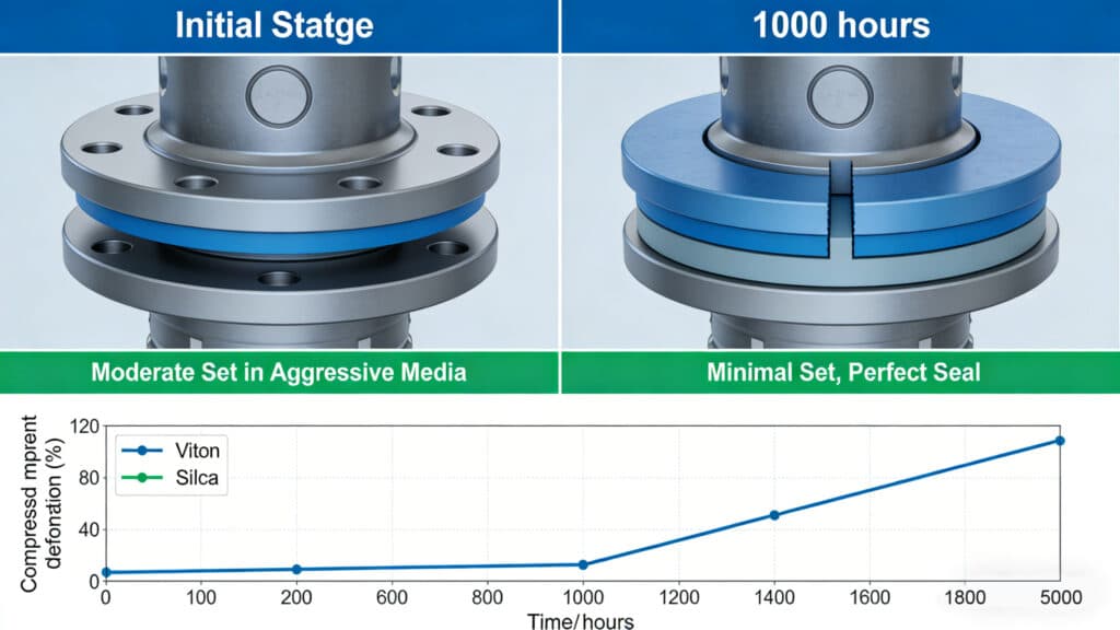 Compression set test results after 1000 hours showing Viton maintaining a perfect seal with minimal deformation in aggressive media, compared to silicone's moderate set, illustrated by a graph tracking compressed imprint deformation over time for both elastomers.