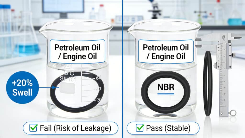 Laboratory immersion test comparing silicone and NBR O-rings in petroleum engine oil, showing significant swelling (+20%) and failure risk for silicone versus stable dimensions and passing performance for NBR, highlighting the superior oil resistance of nitrile rubber.