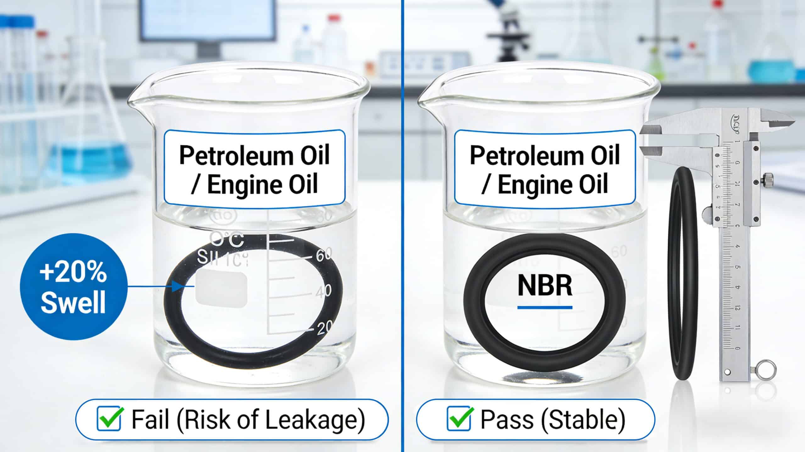 Laboratory immersion test comparing silicone and NBR O-rings in petroleum engine oil, showing significant swelling (+20%) and failure risk for silicone versus stable dimensions and passing performance for NBR, highlighting the superior oil resistance of nitrile rubber.