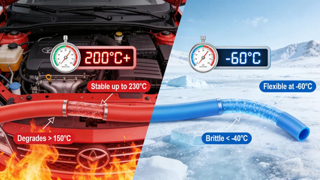 Visual comparison of silicone and EPDM rubber hoses in extreme temperature environments: silicone remaining stable in a 200°C+ engine bay while EPDM degrades, and silicone staying flexible at -60°C in arctic conditions while EPDM becomes brittle below -40°C.