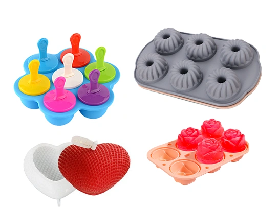 Various applications of silicone molds including baking, candy, DIY, and industrial use