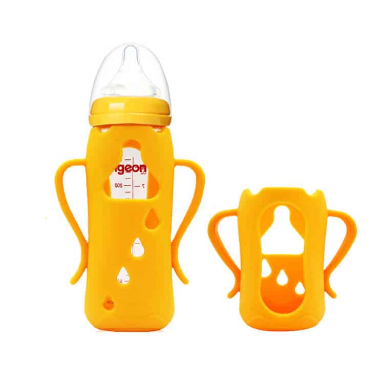 Yellow silicone baby bottle sleeve with handles and protective grip design