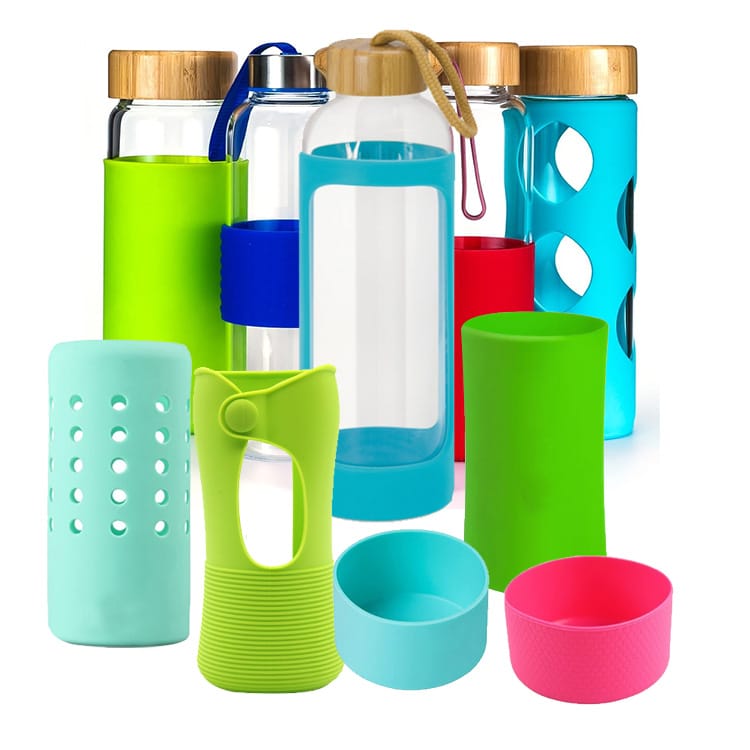 Custom silicone bottle sleeves in multiple colors for branded drinkware